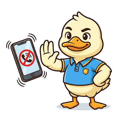 A friendly duck in a security polo holds up a wing to block a ringing spam phone